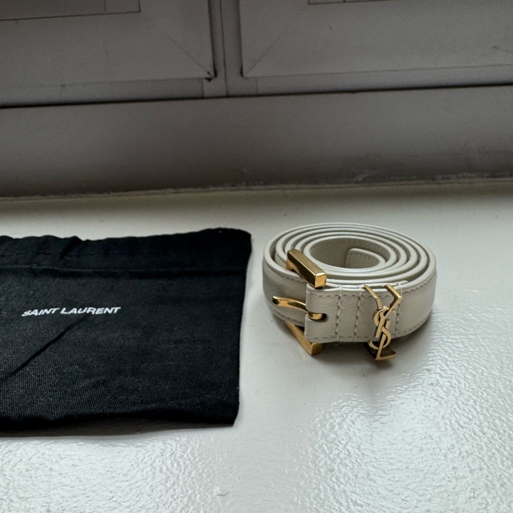 Saint Laurent Cream Leather Logo Belt with Gold Hardware